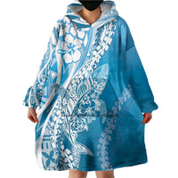 Hawaii Puakenikeni And Maile Lei Wearable Blanket Hoodie Blue Polynesian Shark Tattoo DT05