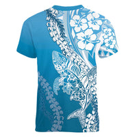 Hawaii Puakenikeni And Maile Lei Women V-Neck T-Shirt Blue Polynesian Shark Tattoo DT05 - Polynesian Pride