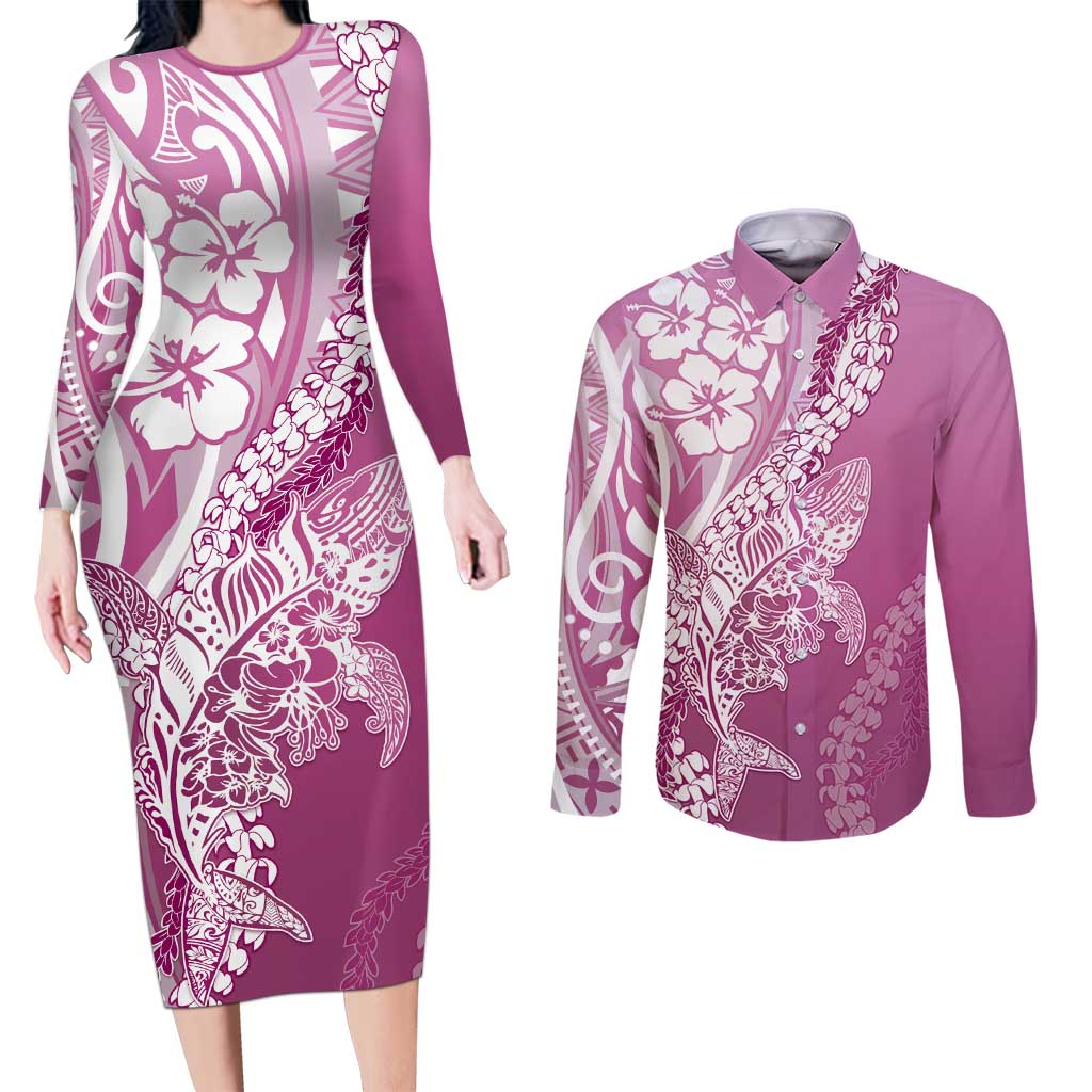 Hawaii Puakenikeni And Maile Lei Couples Matching Long Sleeve Bodycon Dress and Long Sleeve Button Shirt Pink Polynesian Shark Tattoo DT05