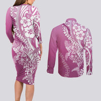 Hawaii Puakenikeni And Maile Lei Couples Matching Long Sleeve Bodycon Dress and Long Sleeve Button Shirt Pink Polynesian Shark Tattoo DT05