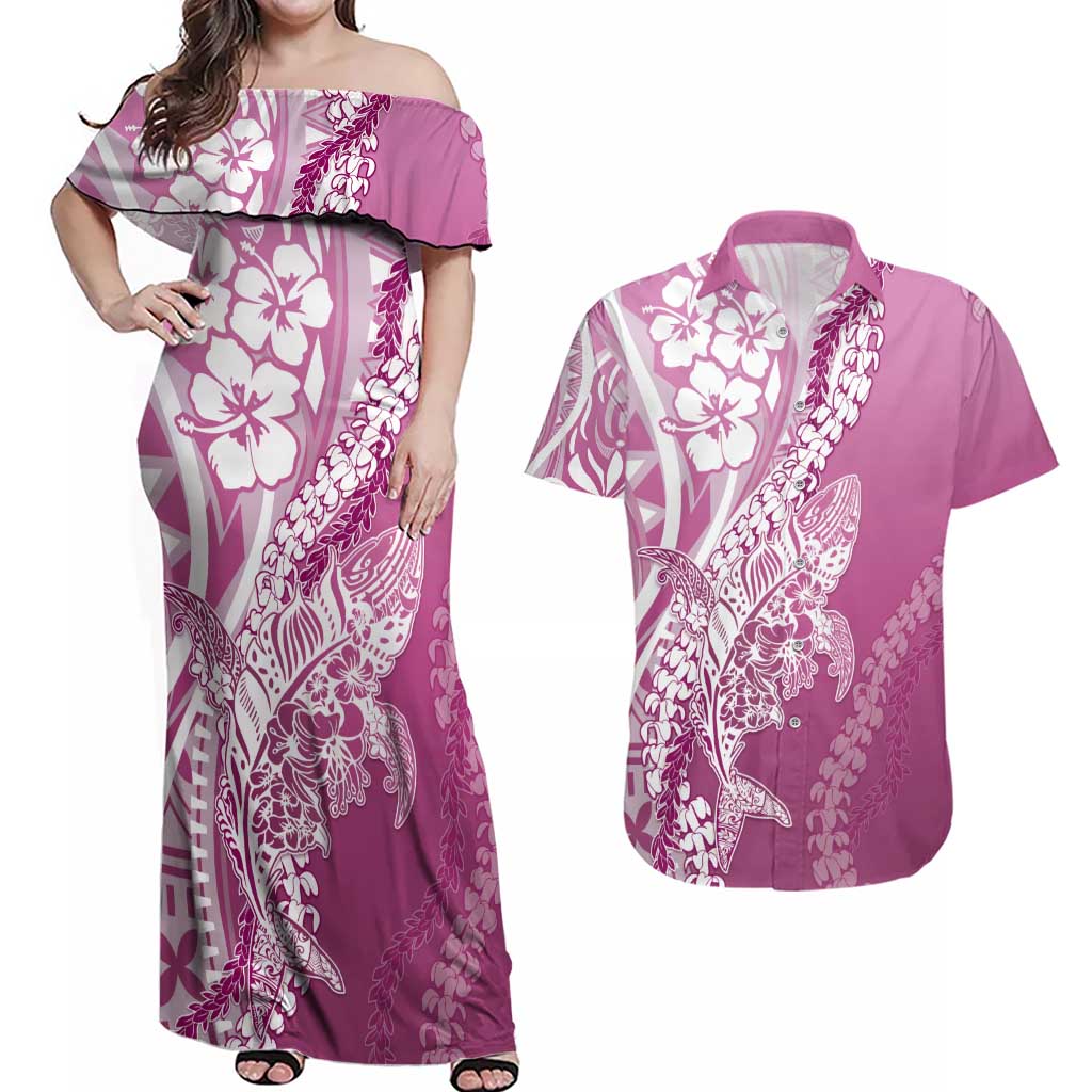 Hawaii Puakenikeni And Maile Lei Couples Matching Off Shoulder Maxi Dress and Hawaiian Shirt Pink Polynesian Shark Tattoo DT05