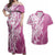 Hawaii Puakenikeni And Maile Lei Couples Matching Off Shoulder Maxi Dress and Hawaiian Shirt Pink Polynesian Shark Tattoo DT05