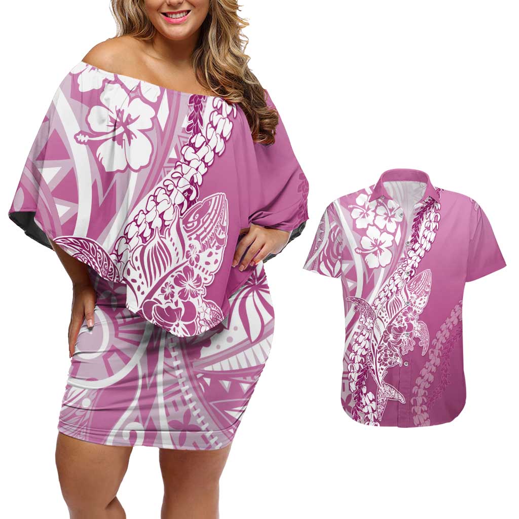 Hawaii Puakenikeni And Maile Lei Couples Matching Off Shoulder Short Dress and Hawaiian Shirt Pink Polynesian Shark Tattoo DT05