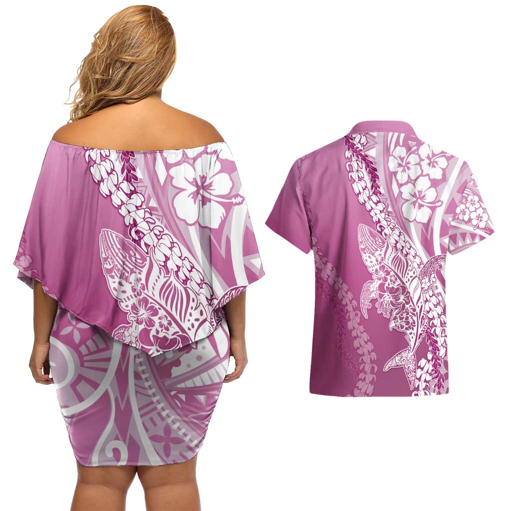 Hawaii Puakenikeni And Maile Lei Couples Matching Off Shoulder Short Dress and Hawaiian Shirt Pink Polynesian Shark Tattoo DT05