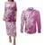 Hawaii Puakenikeni And Maile Lei Couples Matching Puletasi and Long Sleeve Button Shirt Pink Polynesian Shark Tattoo DT05