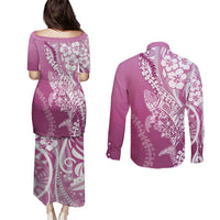 Hawaii Puakenikeni And Maile Lei Couples Matching Puletasi and Long Sleeve Button Shirt Pink Polynesian Shark Tattoo DT05