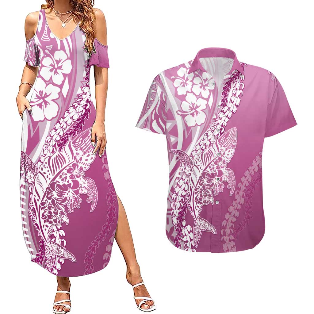 Hawaii Puakenikeni And Maile Lei Couples Matching Summer Maxi Dress and Hawaiian Shirt Pink Polynesian Shark Tattoo DT05