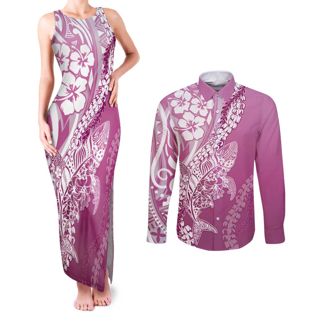 Hawaii Puakenikeni And Maile Lei Couples Matching Tank Maxi Dress and Long Sleeve Button Shirt Pink Polynesian Shark Tattoo DT05