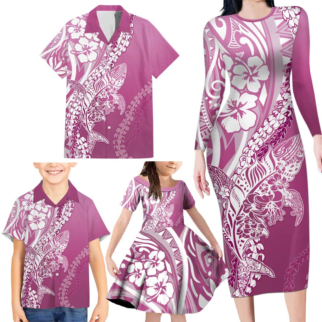 Hawaii Puakenikeni And Maile Lei Family Matching Long Sleeve Bodycon Dress and Hawaiian Shirt Pink Polynesian Shark Tattoo DT05
