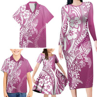 Hawaii Puakenikeni And Maile Lei Family Matching Long Sleeve Bodycon Dress and Hawaiian Shirt Pink Polynesian Shark Tattoo DT05