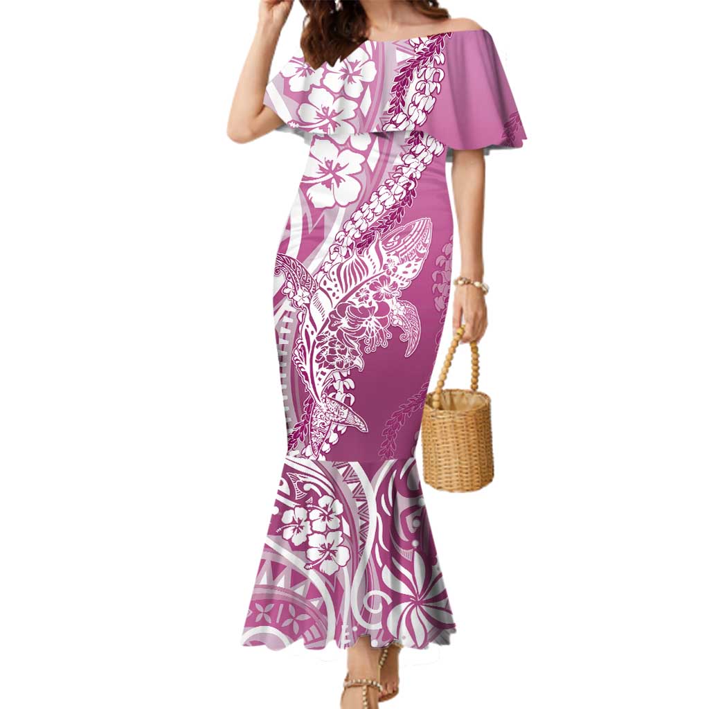 Hawaii Puakenikeni And Maile Lei Family Matching Mermaid Dress and Hawaiian Shirt Pink Polynesian Shark Tattoo DT05