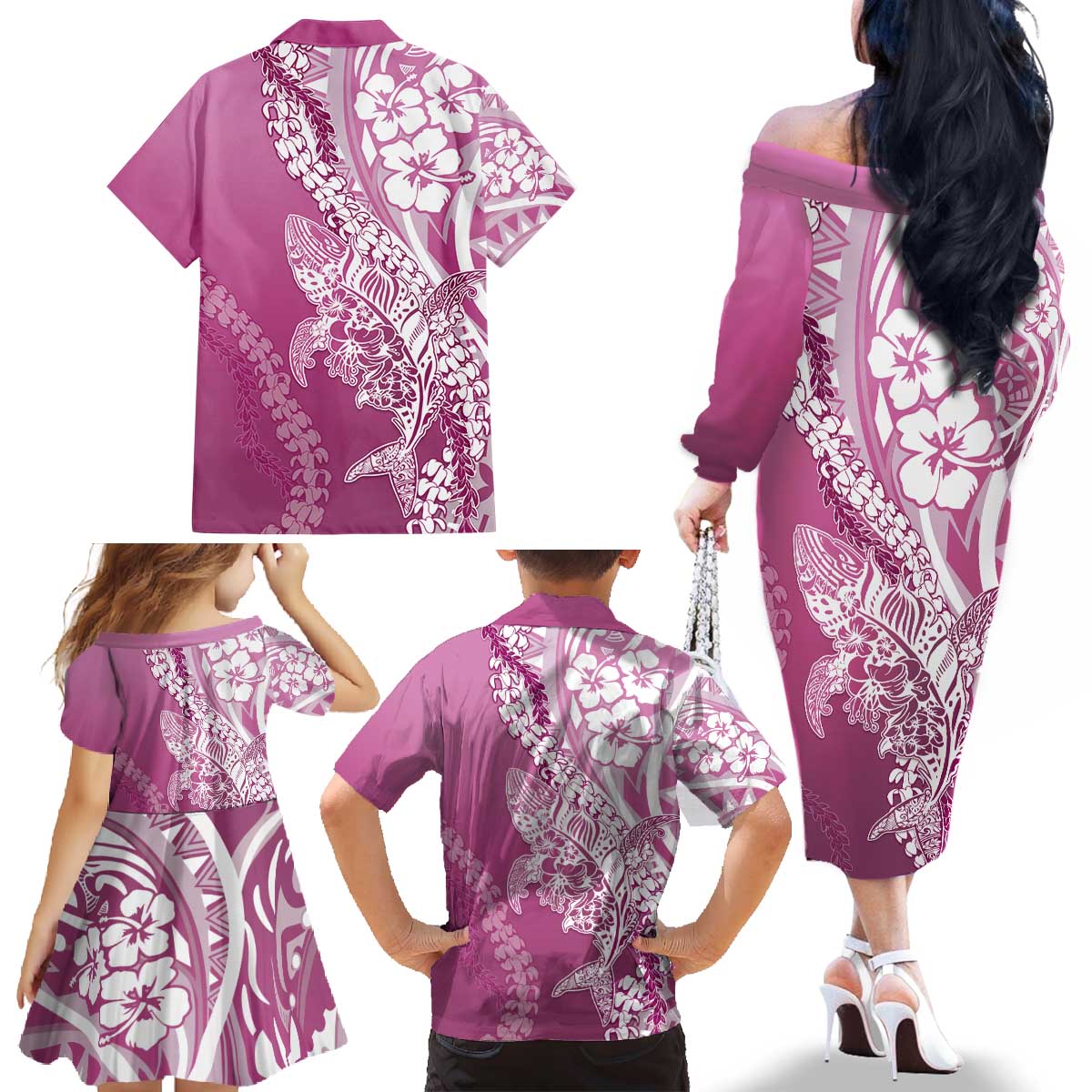 Hawaii Puakenikeni And Maile Lei Family Matching Off The Shoulder Long Sleeve Dress and Hawaiian Shirt Pink Polynesian Shark Tattoo DT05