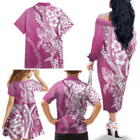 Hawaii Puakenikeni And Maile Lei Family Matching Off The Shoulder Long Sleeve Dress and Hawaiian Shirt Pink Polynesian Shark Tattoo DT05