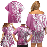 Hawaii Puakenikeni And Maile Lei Family Matching Off Shoulder Short Dress and Hawaiian Shirt Pink Polynesian Shark Tattoo DT05