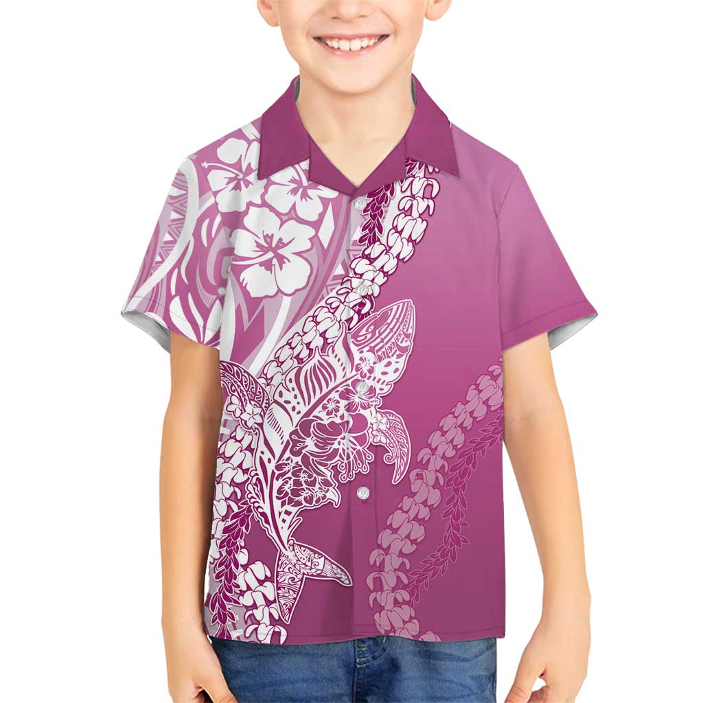 Hawaii Puakenikeni And Maile Lei Family Matching Off Shoulder Short Dress and Hawaiian Shirt Pink Polynesian Shark Tattoo DT05