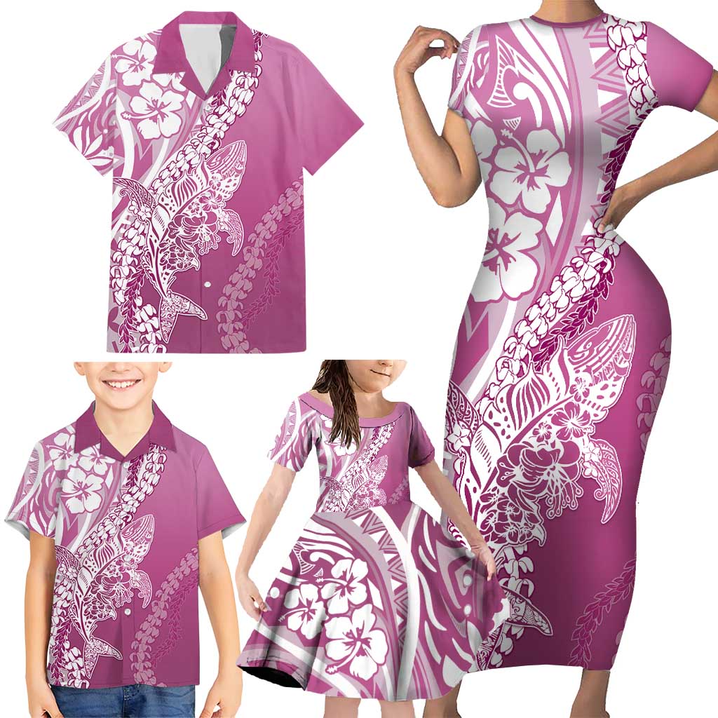 Hawaii Puakenikeni And Maile Lei Family Matching Short Sleeve Bodycon Dress and Hawaiian Shirt Pink Polynesian Shark Tattoo DT05