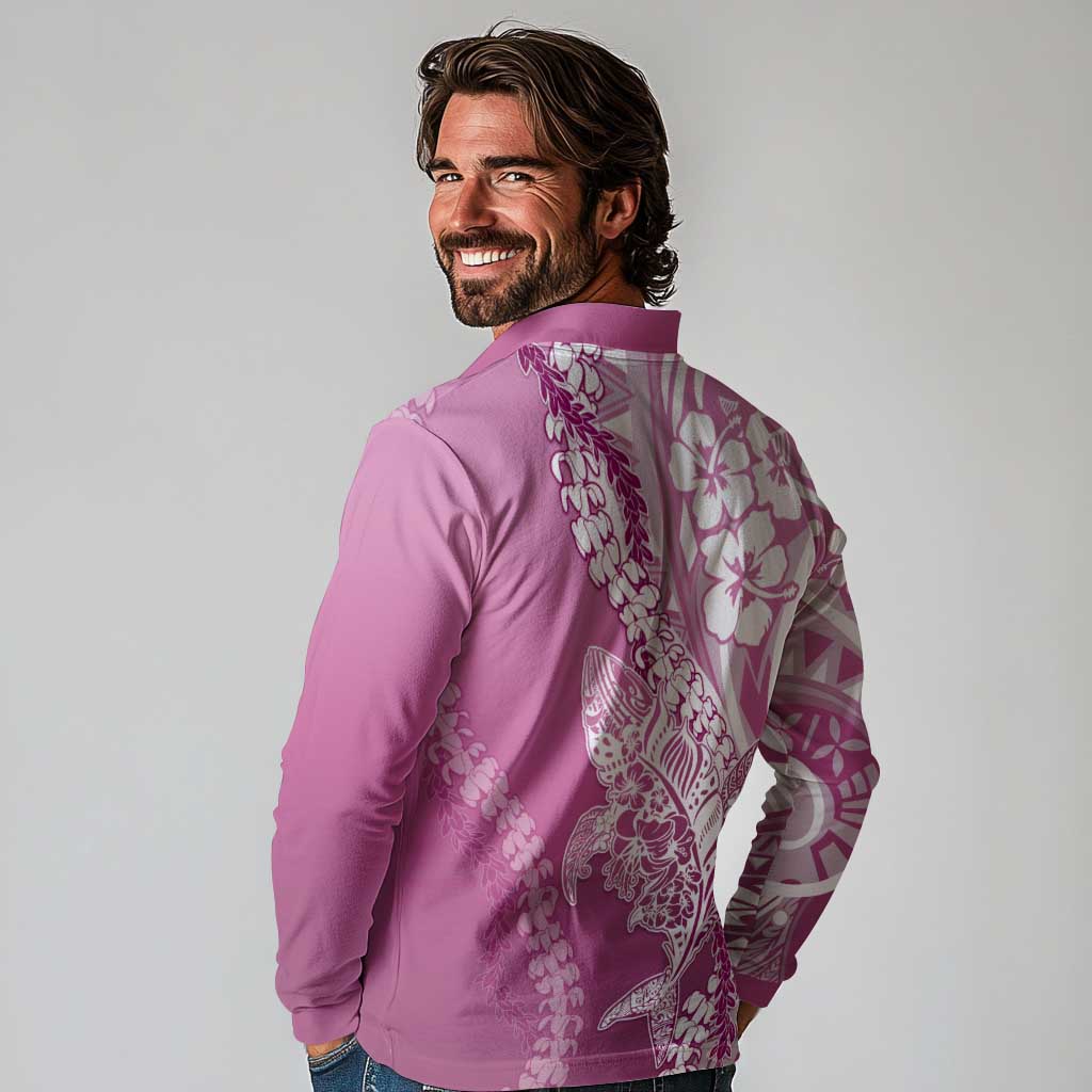 Hawaii Puakenikeni And Maile Lei Long Sleeve Polo Shirt Pink Polynesian Shark Tattoo DT05