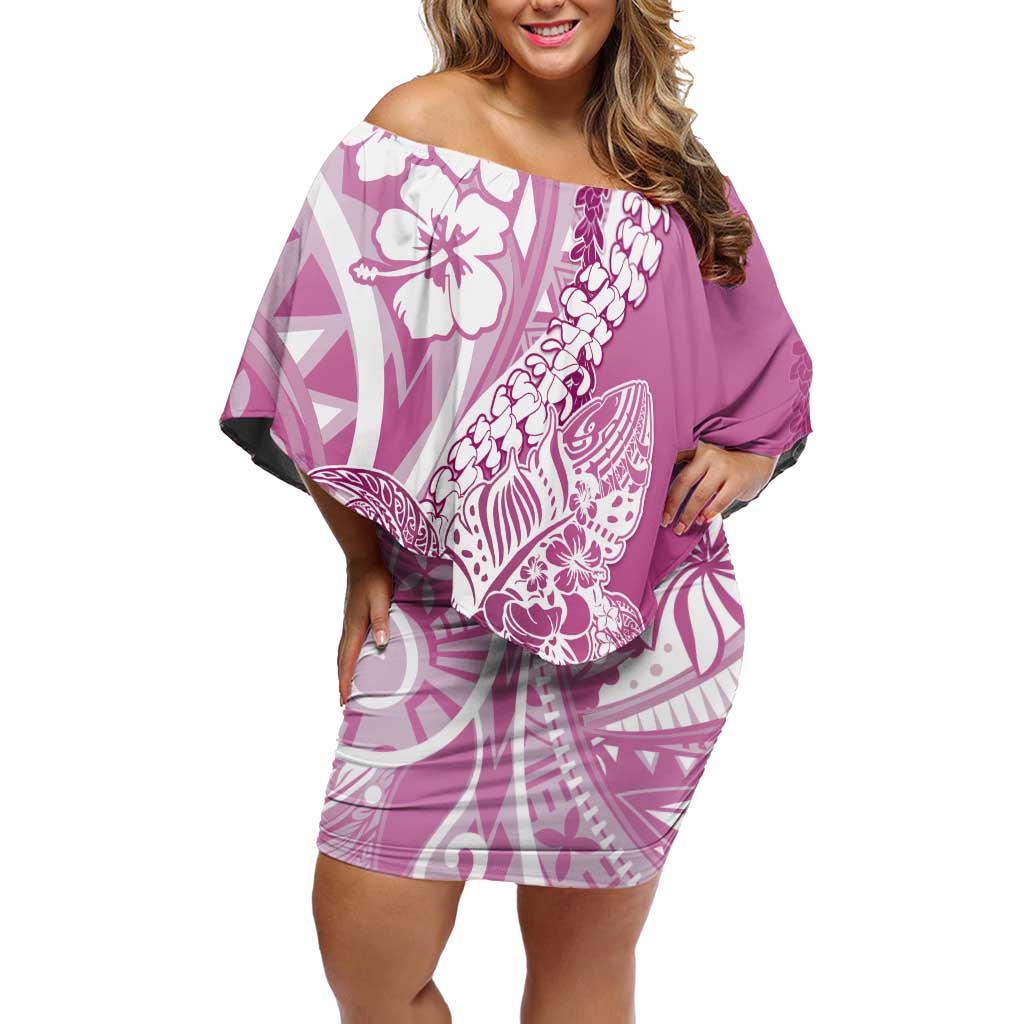 Hawaii Puakenikeni And Maile Lei Off Shoulder Short Dress Pink Polynesian Shark Tattoo DT05