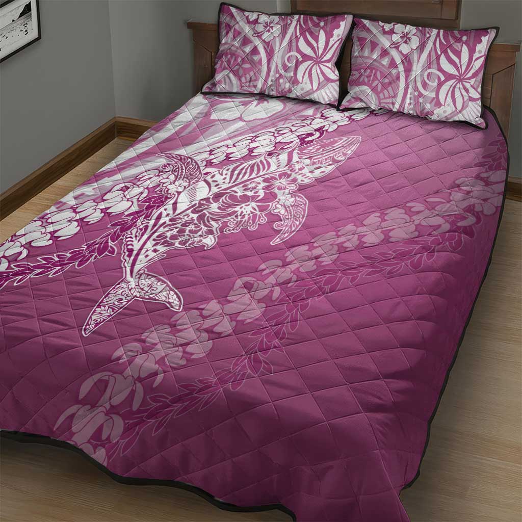 Hawaii Puakenikeni And Maile Lei Quilt Bed Set Pink Polynesian Shark Tattoo DT05