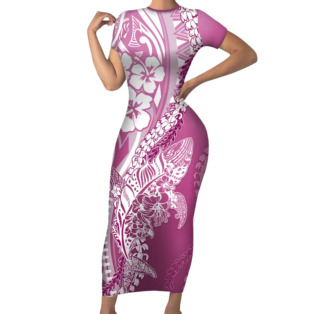 Hawaii Puakenikeni And Maile Lei Short Sleeve Bodycon Dress Pink Polynesian Shark Tattoo DT05