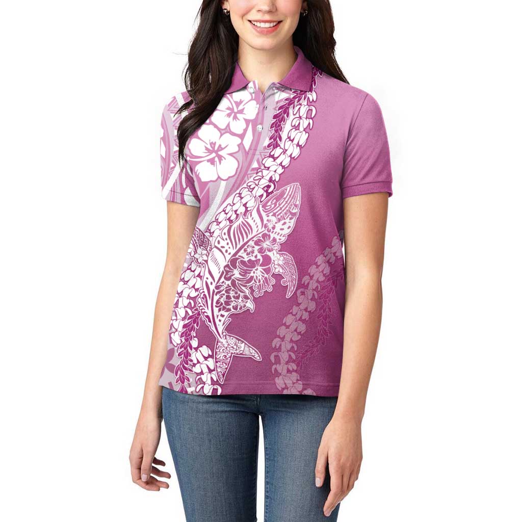 Hawaii Puakenikeni And Maile Lei Women Polo Shirt Pink Polynesian Shark Tattoo DT05