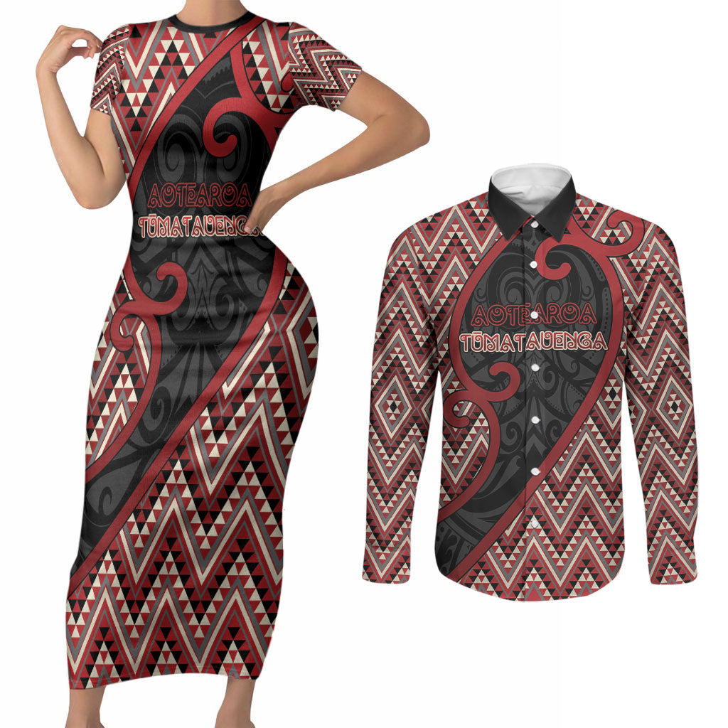 Custom Aotearoa Atua Tumatauenga Couples Matching Short Sleeve Bodycon Dress and Long Sleeve Button Shirt God Of War Koru Patterns