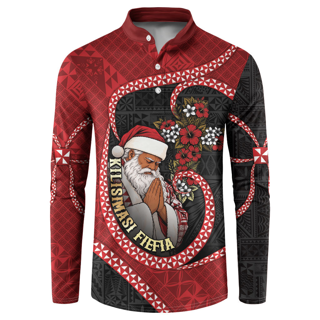 Personalised Tonga Kilisimasi Fiefia Button Sweatshirt Praying Santa Hibiscus Cross DT05 Red - Polynesian Pride