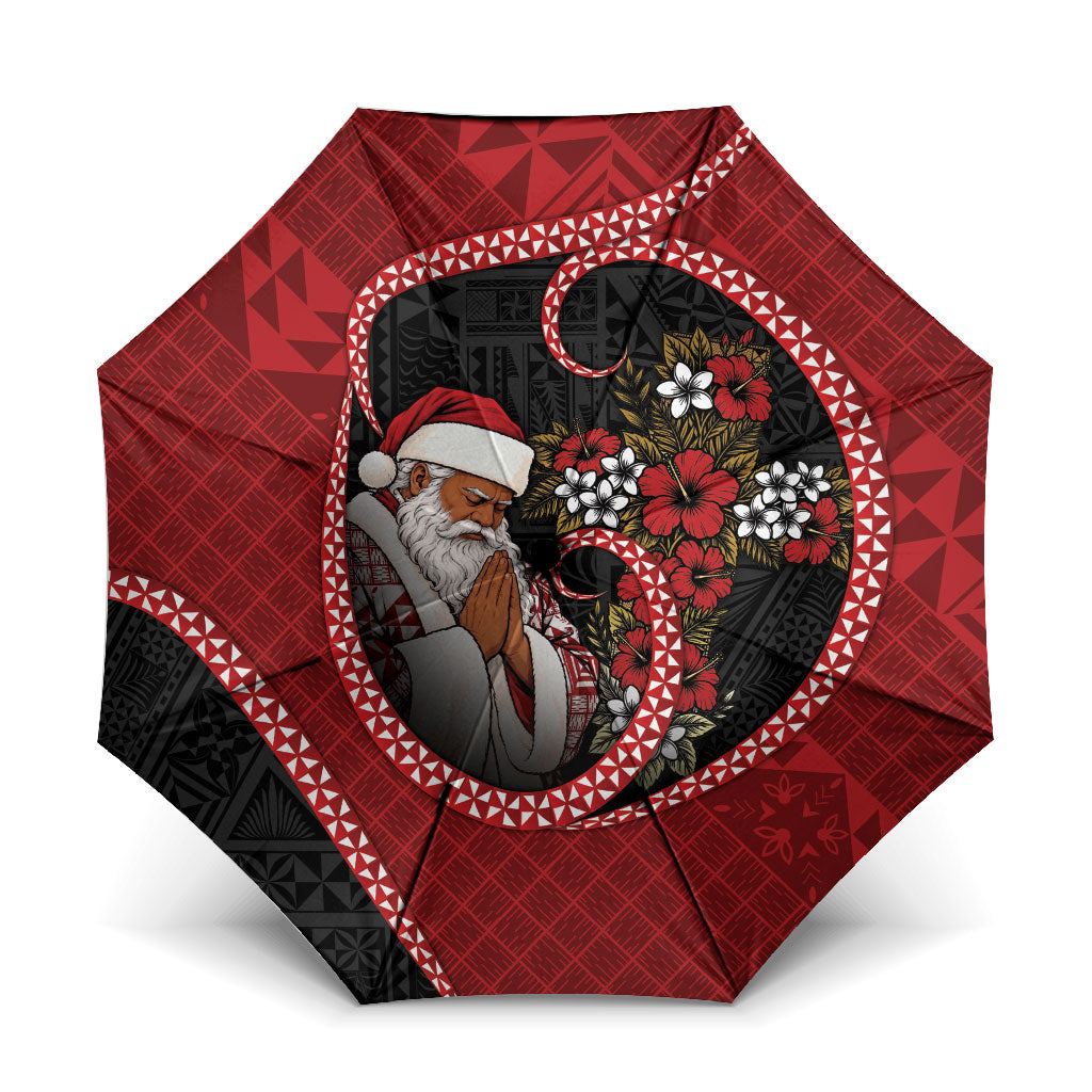 Tonga Kilisimasi Fiefia Umbrella Praying Santa Hibiscus Cross DT05 One Size Folded 11.42 inch Opened Diameter 37.4 inch Red - Polynesian Pride