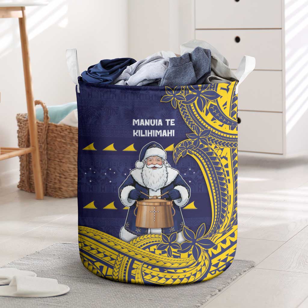 Tokelau Christmas Laundry Basket Santa With Tuluma Xmas Tribal Waves DT05 Navy - Polynesian Pride
