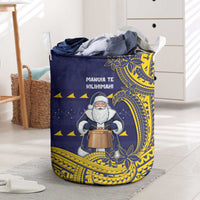 Tokelau Christmas Laundry Basket Santa With Tuluma Xmas Tribal Waves DT05 Navy - Polynesian Pride