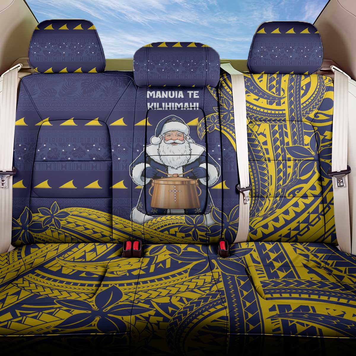 Tokelau Christmas Back Car Seat Cover Santa With Tuluma Xmas Tribal Waves - Polynesian Pride