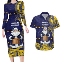 Tokelau Christmas Couples Matching Long Sleeve Bodycon Dress and Hawaiian Shirt Santa With Tuluma Xmas Tribal Waves - Polynesian Pride