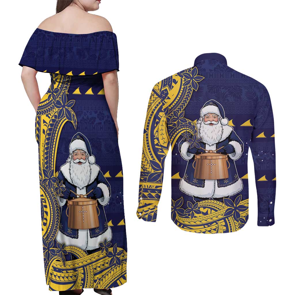 Tokelau Christmas Couples Matching Off Shoulder Maxi Dress and Long Sleeve Button Shirt Santa With Tuluma Xmas Tribal Waves - Polynesian Pride