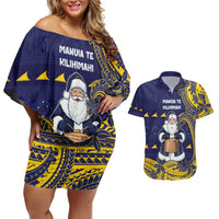 Tokelau Christmas Couples Matching Off Shoulder Short Dress and Hawaiian Shirt Santa With Tuluma Xmas Tribal Waves - Polynesian Pride