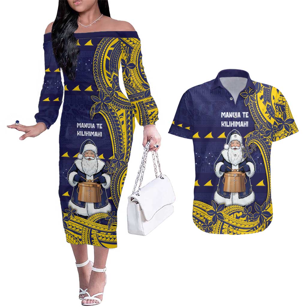 Tokelau Christmas Couples Matching Off The Shoulder Long Sleeve Dress and Hawaiian Shirt Santa With Tuluma Xmas Tribal Waves - Polynesian Pride