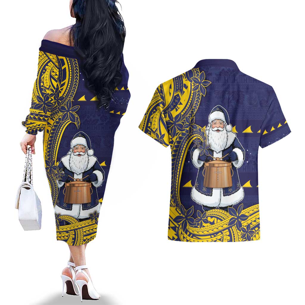 Tokelau Christmas Couples Matching Off The Shoulder Long Sleeve Dress and Hawaiian Shirt Santa With Tuluma Xmas Tribal Waves - Polynesian Pride