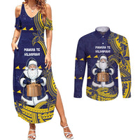 Tokelau Christmas Couples Matching Summer Maxi Dress and Long Sleeve Button Shirt Santa With Tuluma Xmas Tribal Waves - Polynesian Pride