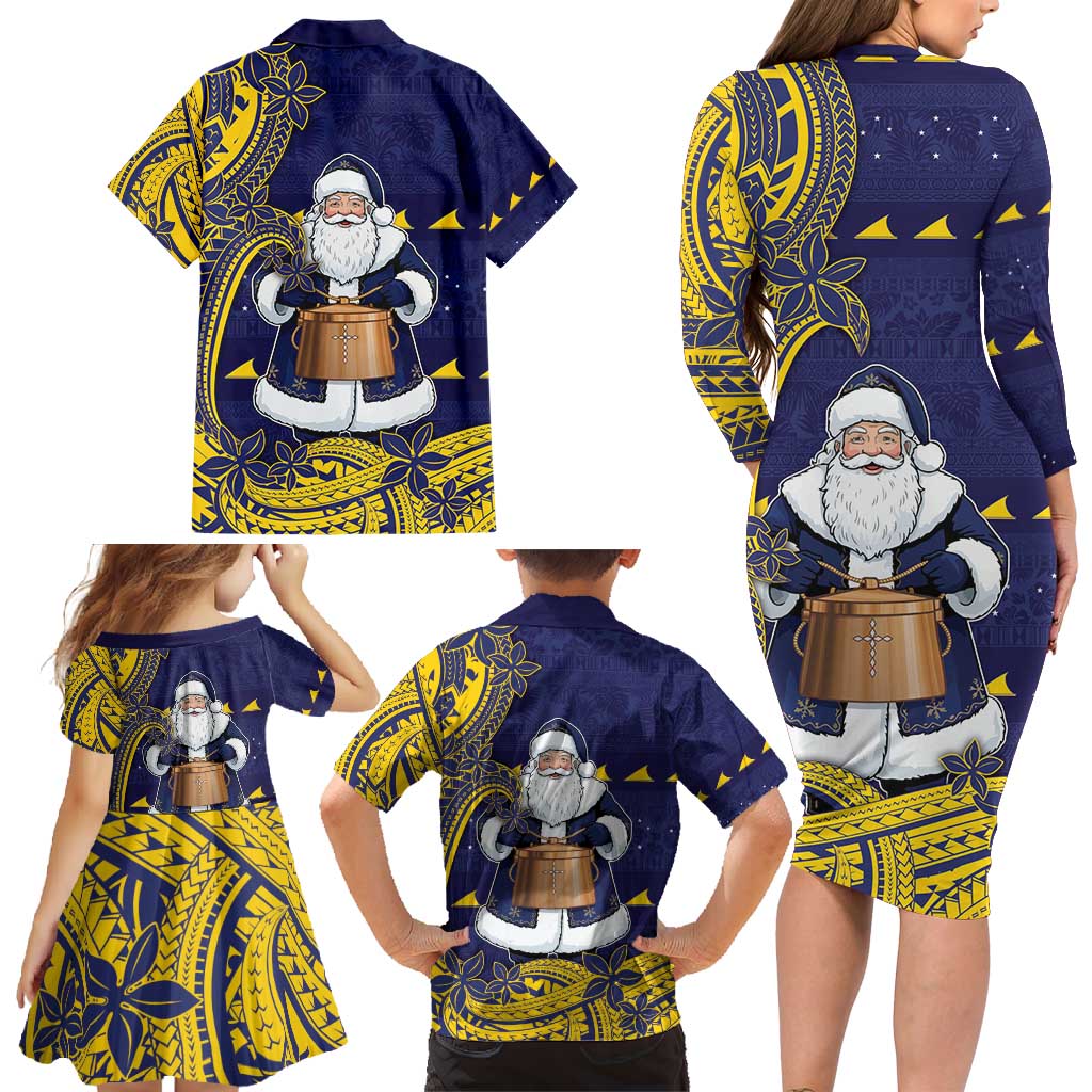 Tokelau Christmas Family Matching Long Sleeve Bodycon Dress and Hawaiian Shirt Santa With Tuluma Xmas Tribal Waves - Polynesian Pride