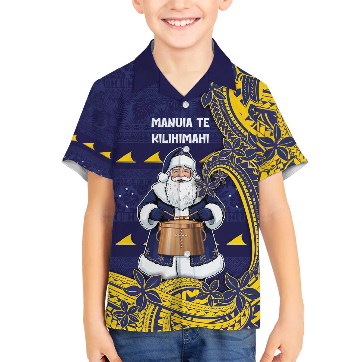 Tokelau Christmas Family Matching Off The Shoulder Long Sleeve Dress and Hawaiian Shirt Santa With Tuluma Xmas Tribal Waves - Polynesian Pride