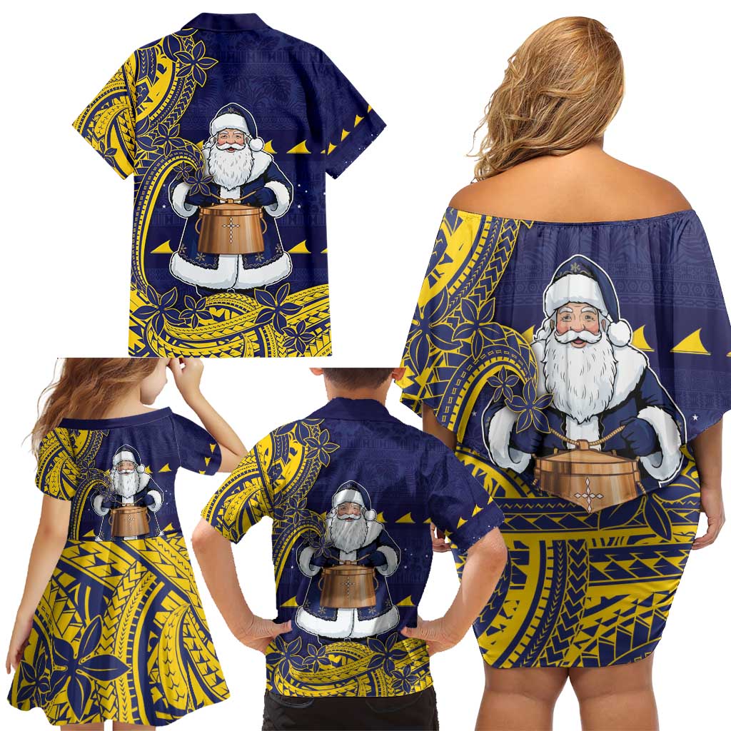 Tokelau Christmas Family Matching Off Shoulder Short Dress and Hawaiian Shirt Santa With Tuluma Xmas Tribal Waves - Polynesian Pride