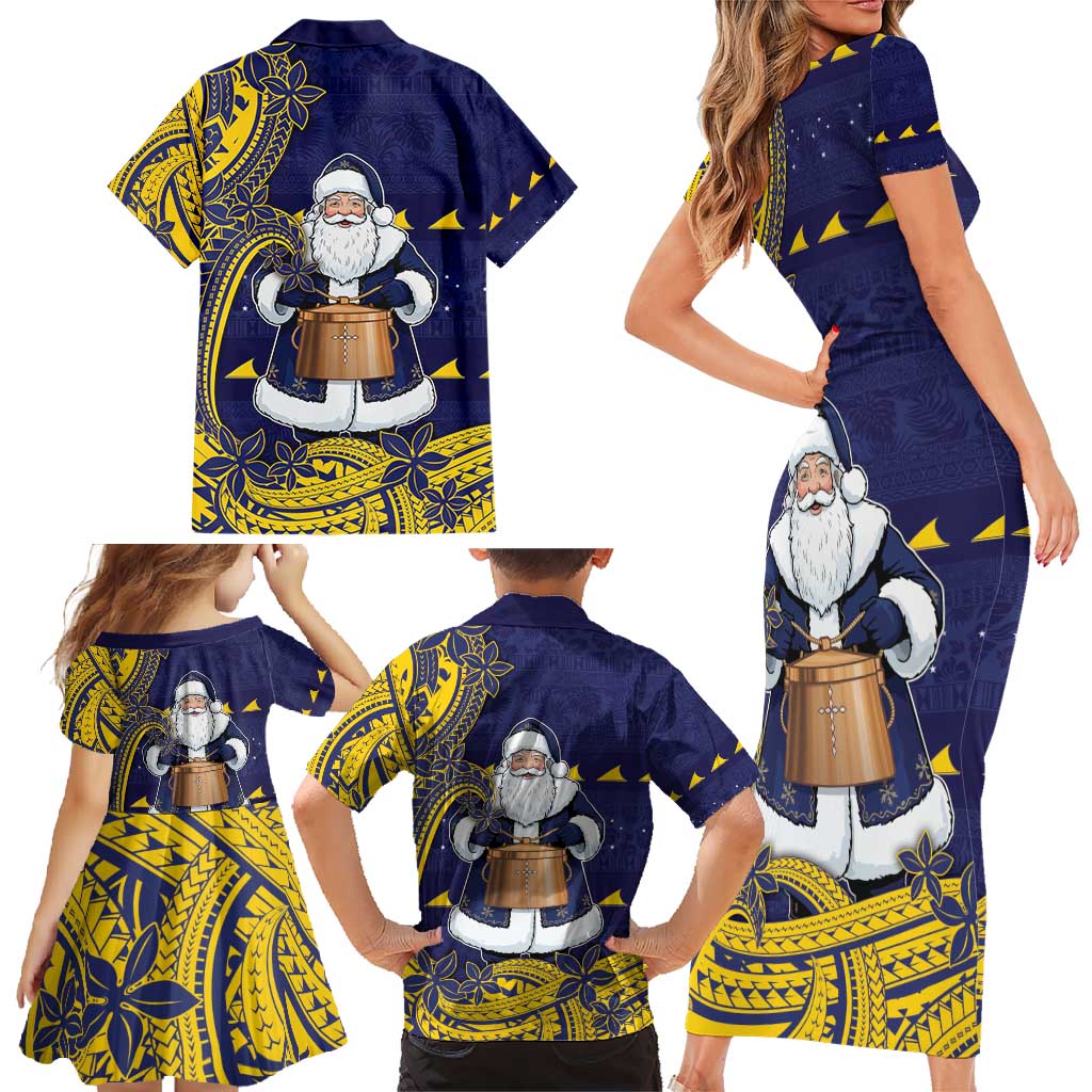 Tokelau Christmas Family Matching Short Sleeve Bodycon Dress and Hawaiian Shirt Santa With Tuluma Xmas Tribal Waves - Polynesian Pride