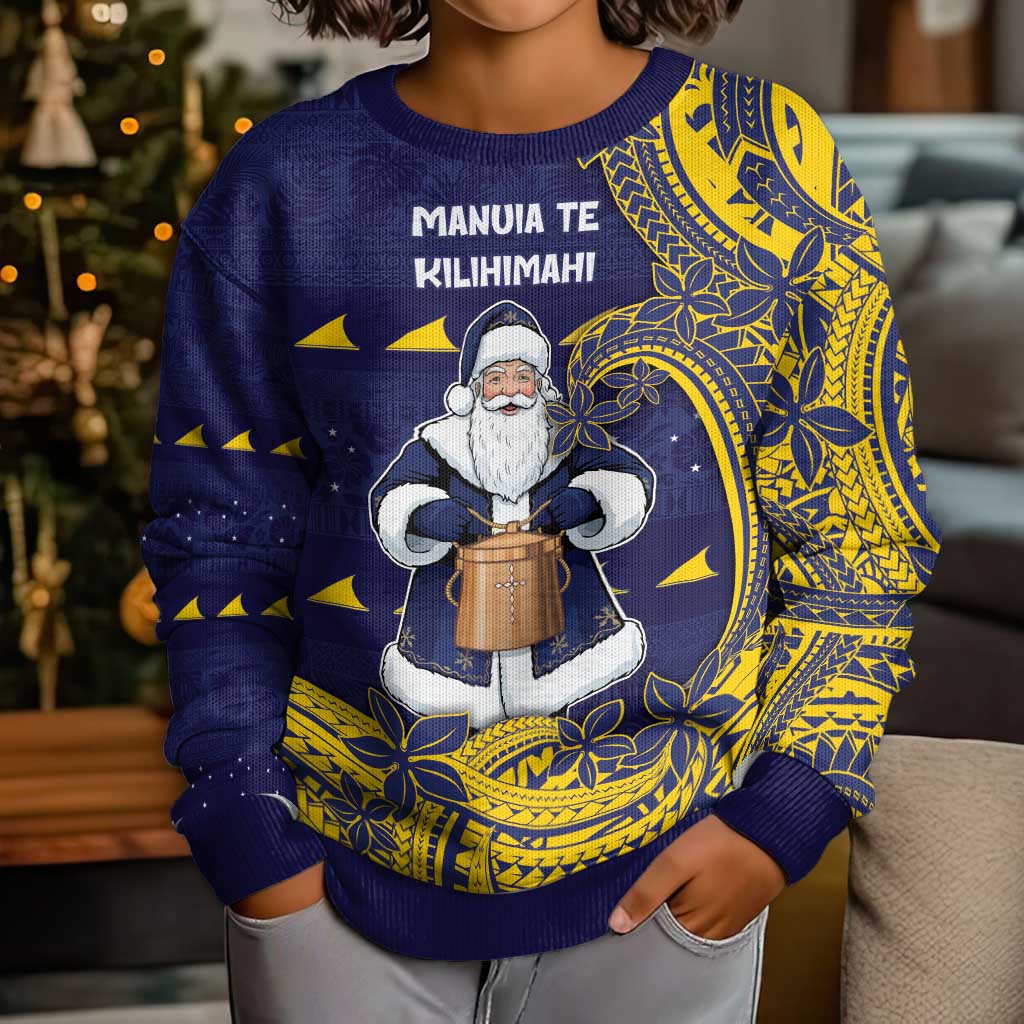 Tokelau Christmas Kid Ugly Christmas Sweater Santa With Tuluma Xmas Tribal Waves - Polynesian Pride