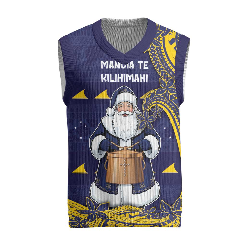 Tokelau Christmas Knitted V-Neck Vest Santa With Tuluma Xmas Tribal Waves DT05 Navy - Polynesian Pride