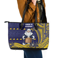 Tokelau Christmas Leather Tote Bag Santa With Tuluma Xmas Tribal Waves - Polynesian Pride