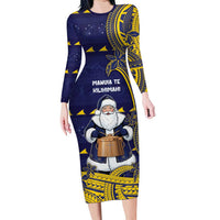 Tokelau Christmas Long Sleeve Bodycon Dress Santa With Tuluma Xmas Tribal Waves DT05 Long Dress Navy - Polynesian Pride
