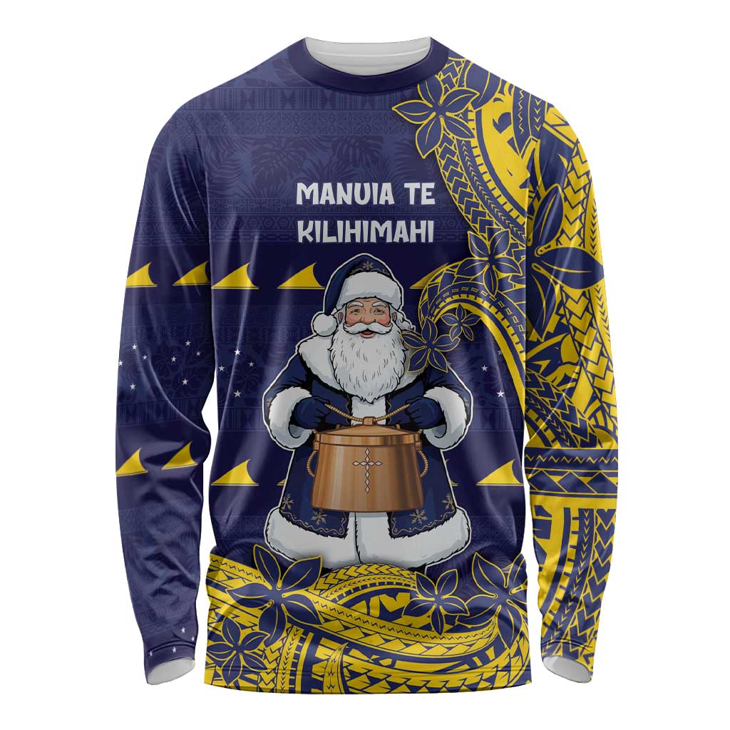Tokelau Christmas Long Sleeve Shirt Santa With Tuluma Xmas Tribal Waves - Polynesian Pride
