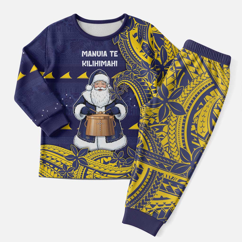 Tokelau Christmas Pajama Set Santa With Tuluma Xmas Tribal Waves DT05 Men Navy - Polynesian Pride