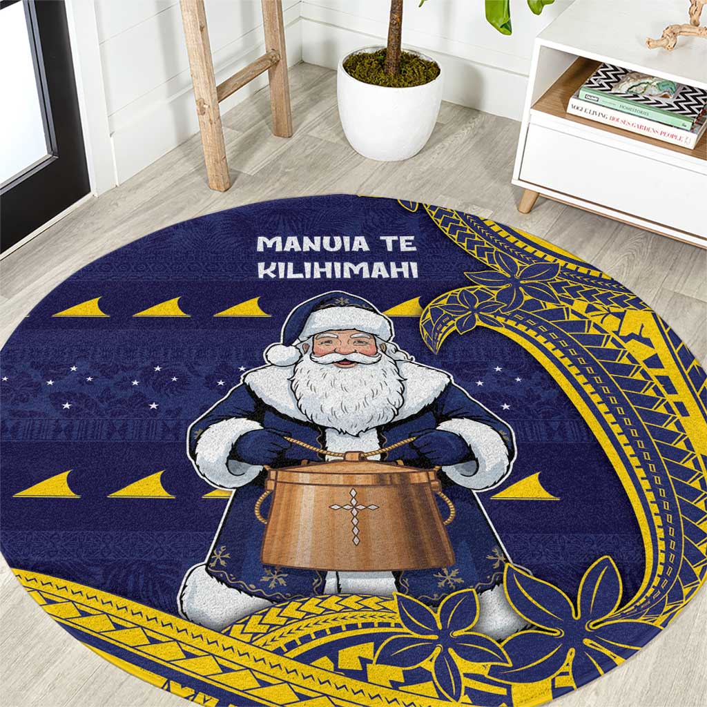 Tokelau Christmas Round Carpet Santa With Tuluma Xmas Tribal Waves DT05 Navy - Polynesian Pride