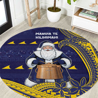 Tokelau Christmas Round Carpet Santa With Tuluma Xmas Tribal Waves DT05 Navy - Polynesian Pride
