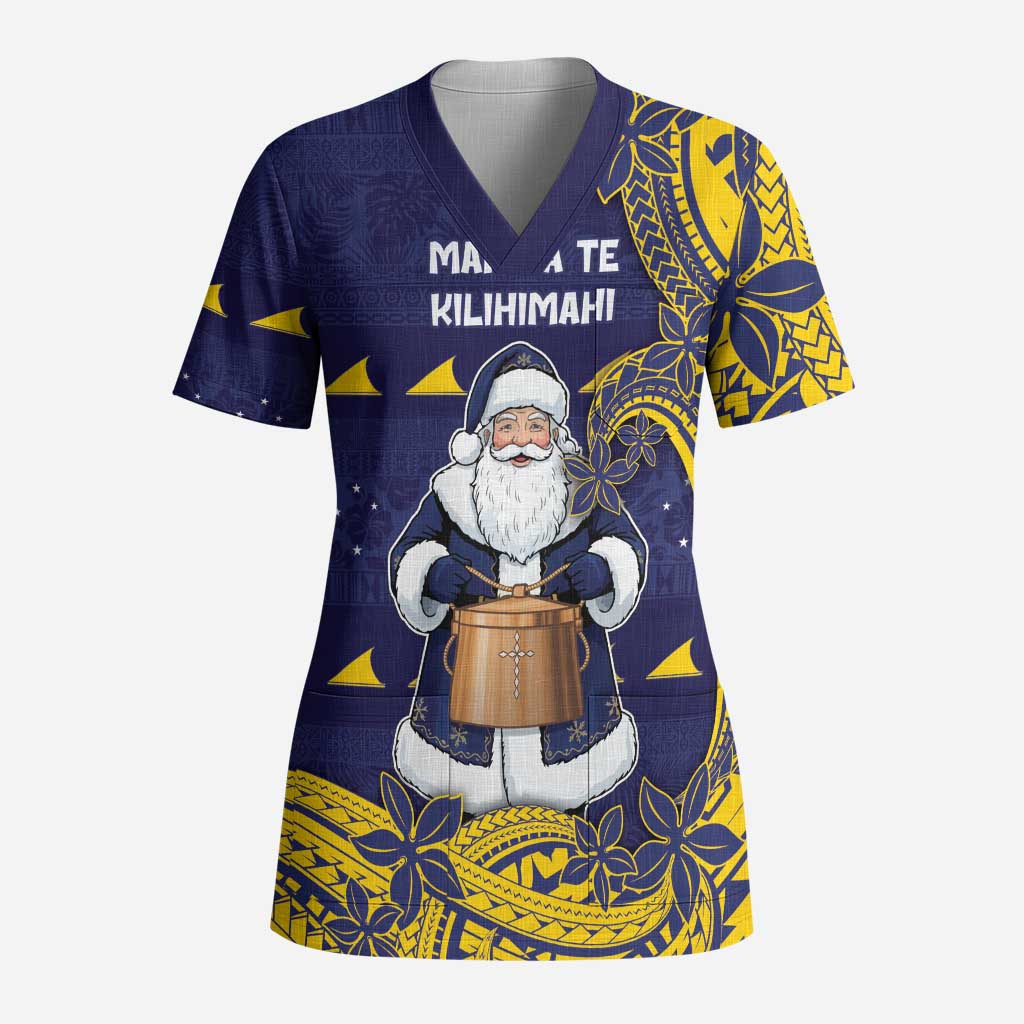 Tokelau Christmas Scrub Top Santa With Tuluma Xmas Tribal Waves DT05 Adult Navy - Polynesian Pride